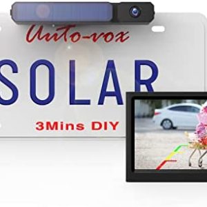 Upgrade Solar Wireless Backup Camera for Truck, AUTO-VOX 3Mins No Wires Install with Battery Powered Car Back Up Camera Systems, IP69K Waterproof Vehicles License Plate Reverse Camera for Trailer/SUV